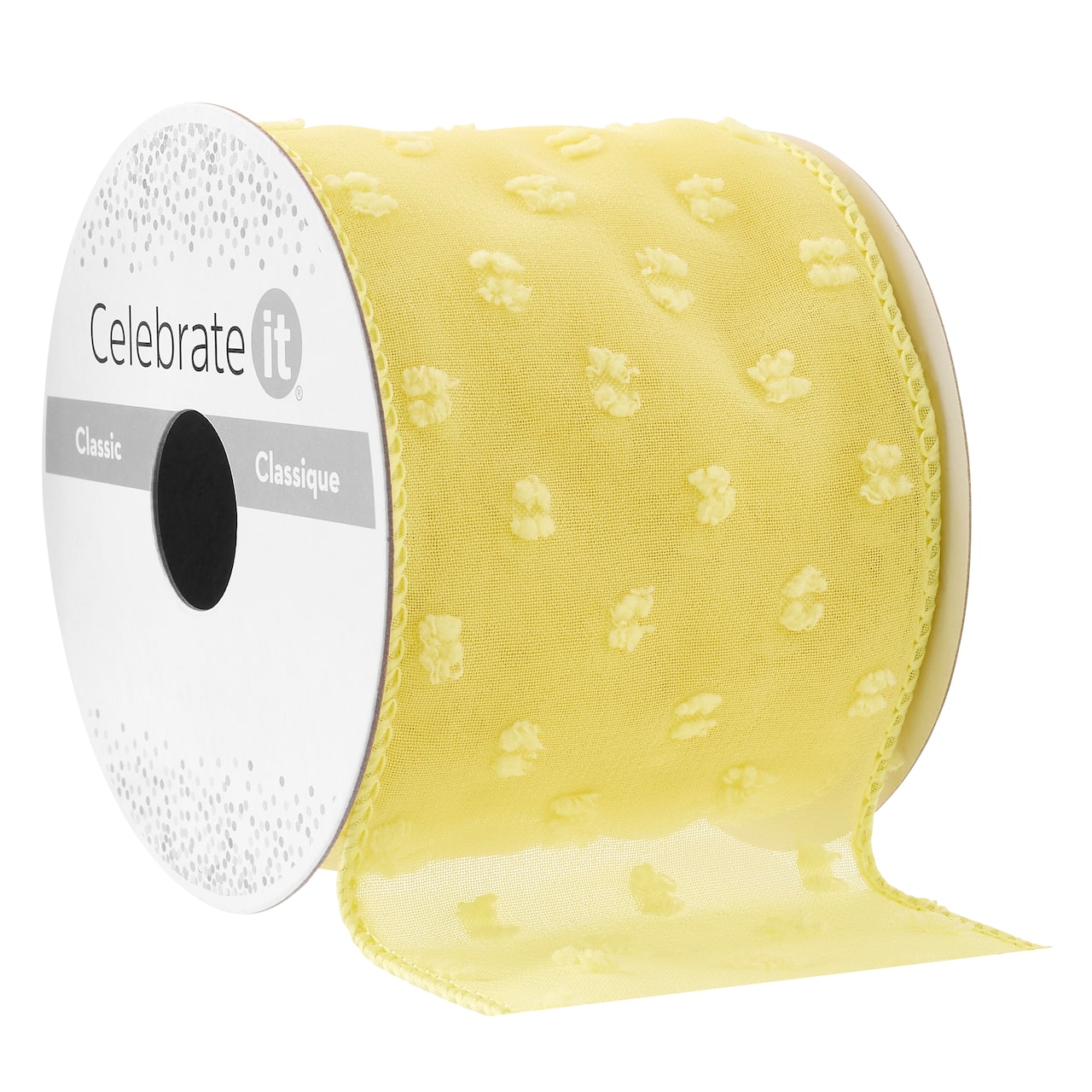 2.5" x 3yd. Wired Yellow Pom Pom Dotted Crinkle Chiffon Ribbon by Celebrate It®